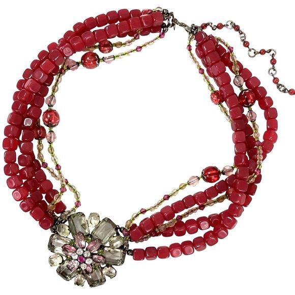 VTG Signed Avon Multistrand Red Bead Rhinestone Statement Necklace Unique Retro - Picture 1 of 11
